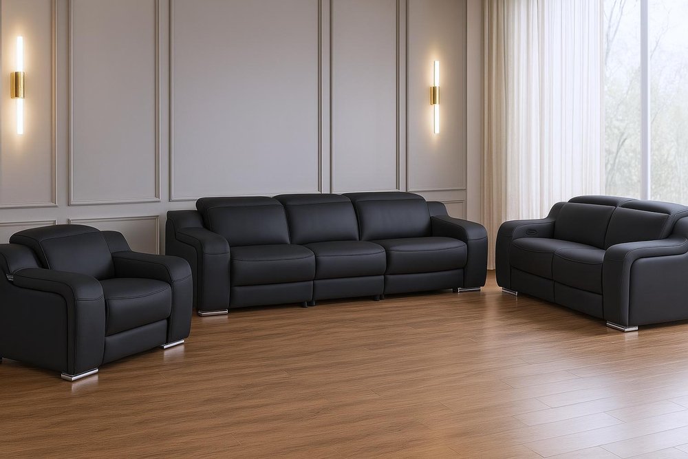 Three Piece Black Leather Six Person Seating Set