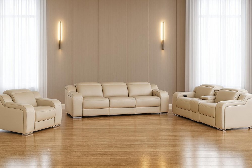 Three Piece Beige Leather Six Person Seating Set