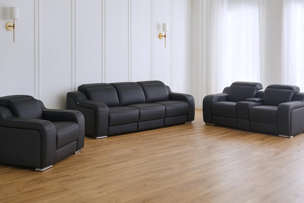 Three Piece Black Leather Six Person Seating Set