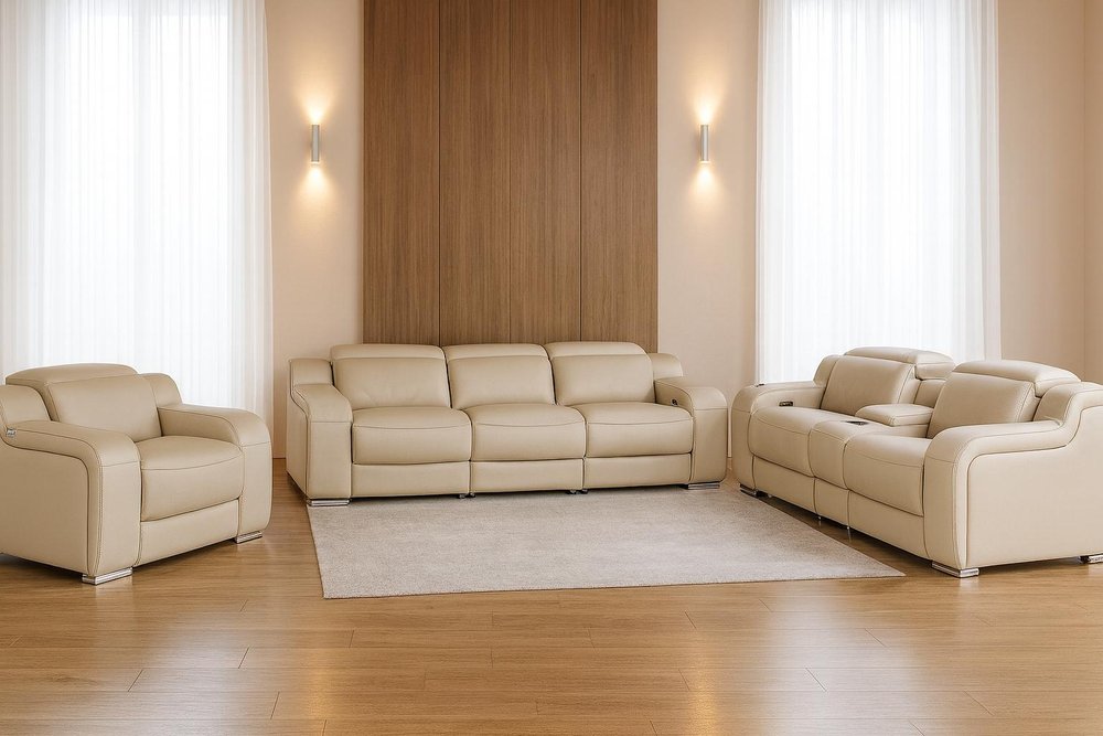 Three Piece Beige Leather Five Person Seating Set