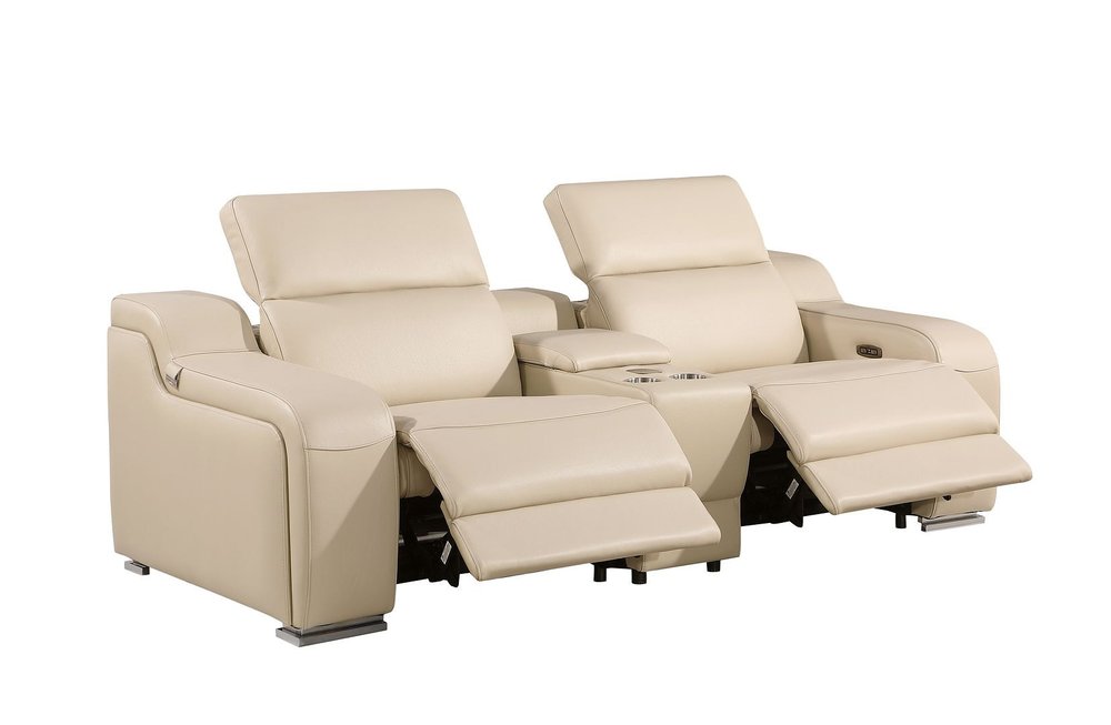 Three Piece Beige Leather Five Person Seating Set