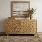 70" Brown Distressed Solid Wood Carved Floral Sideboard with Four Doors