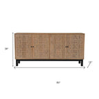 80" Brown Solid Wood Carved Geometric Sideboard with Four Doors