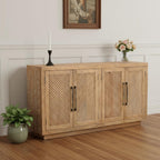 72" Natural Distressed Solid Wood Carved Geometric Sideboard with Four Doors