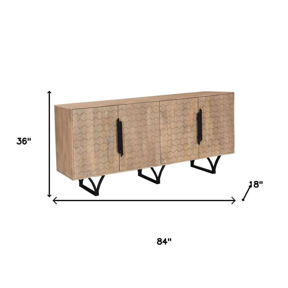 84" Beige Solid Wood Carved Geometric Sideboard with Four Doors