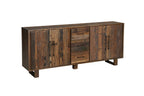 83" Dark Brown Distressed Reclaimed Wood Three Drawer Sideboard with Four Doors