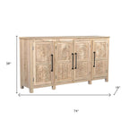 74" Natural Distressed Solid Wood Carved Floral Sideboard with Four Doors