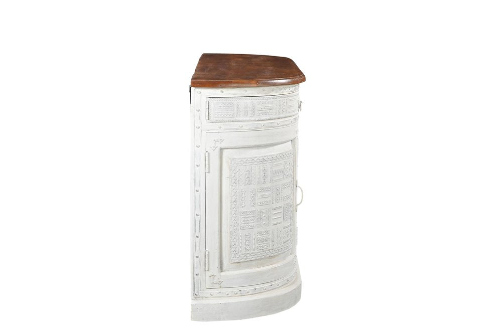69" White And Brown Solid Wood Carved Geometric Four Drawer Four Door Sideboard