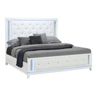 White Faux Crystal Bling Wood And Tufted Cotton Lighted King Bed Frame