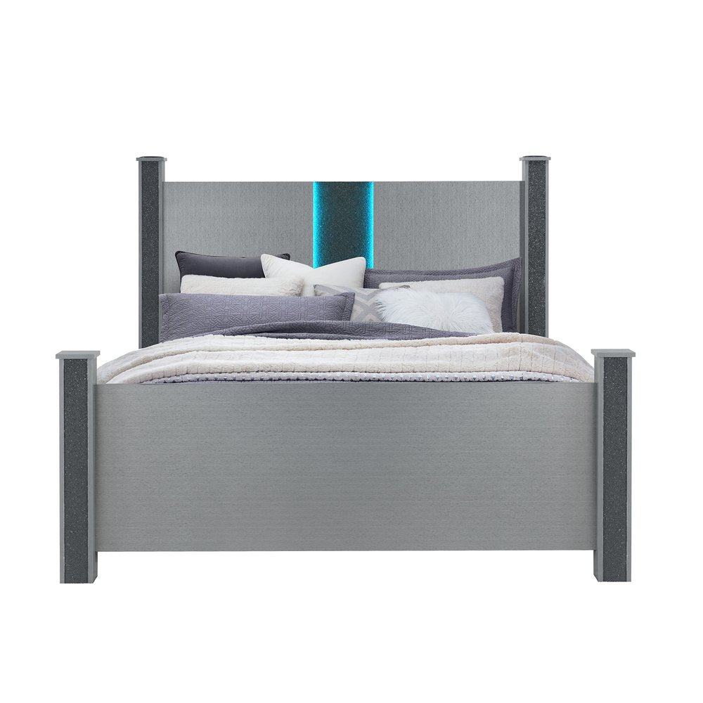 Silver Wood And Faux Crystals Lighted Full Four Poster Bed Frame