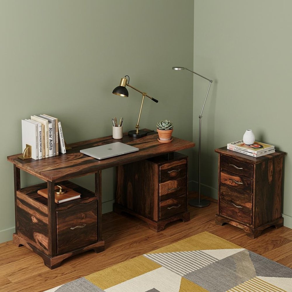 68" Dark Brown Solid Wood Pedestal Executive Desk 2With And Seven Drawers
