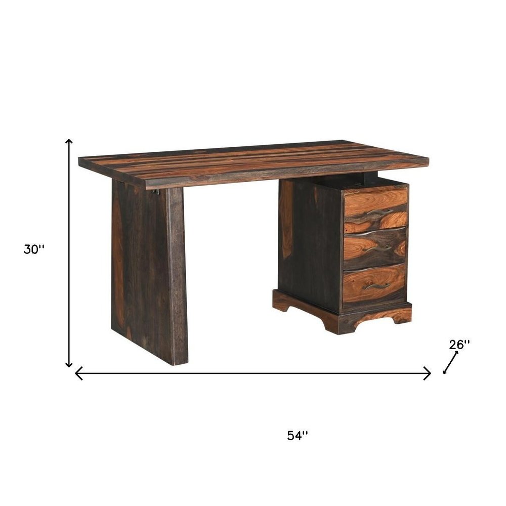 54" Dark Brown Solid Wood Pedestal Writing Desk 2With And Six Drawers