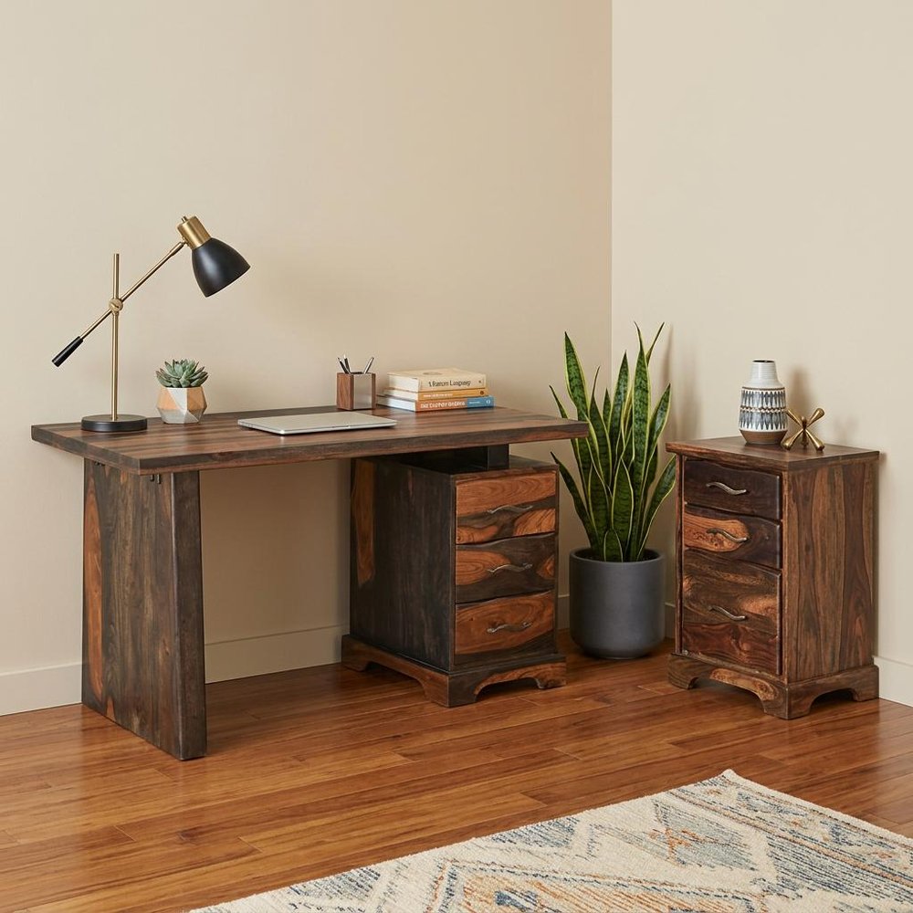 54" Dark Brown Solid Wood Pedestal Writing Desk 2With And Six Drawers