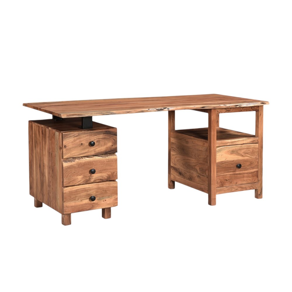 69" Brown Solid Wood Wall Mounted Pedestal Executive Desk 2With And Four Drawers