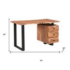 54" Brown And Black Solid Wood And Iron Wall Mounted Pedestal Computer Desk 2With And Three Drawers