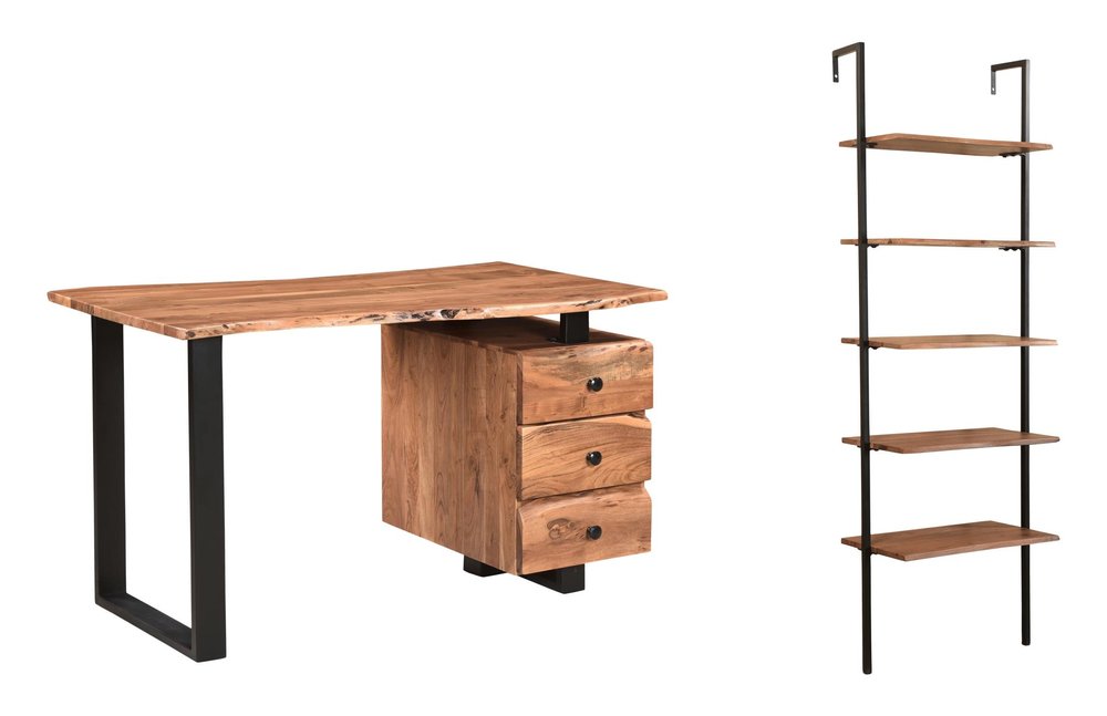 54" Brown And Black Solid Wood And Iron Wall Mounted Pedestal Computer Desk 2With And Three Drawers