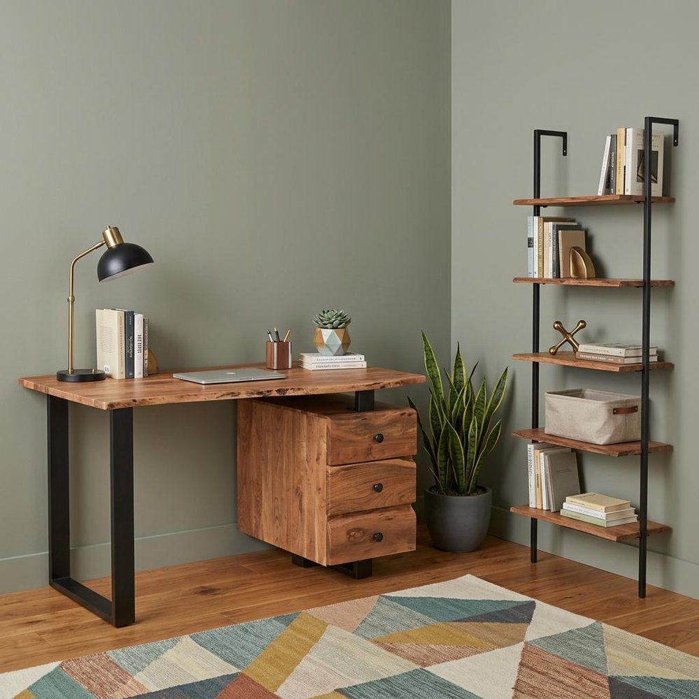54" Brown And Black Solid Wood And Iron Wall Mounted Pedestal Computer Desk 2With And Three Drawers