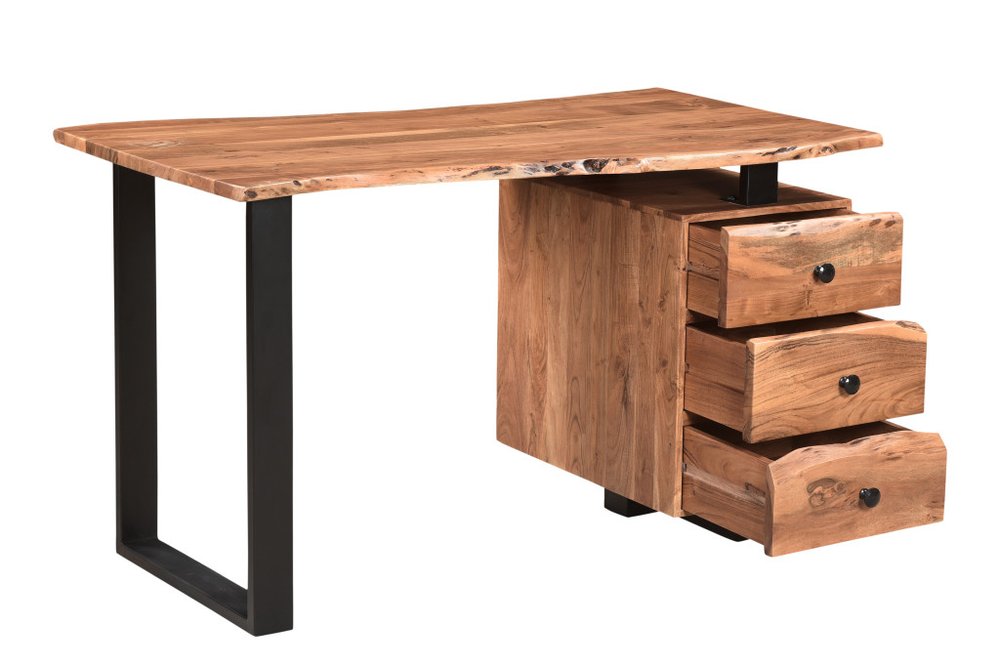 54" Brown And Black Solid Wood And Iron Wall Mounted Pedestal Computer Desk 2With And Three Drawers