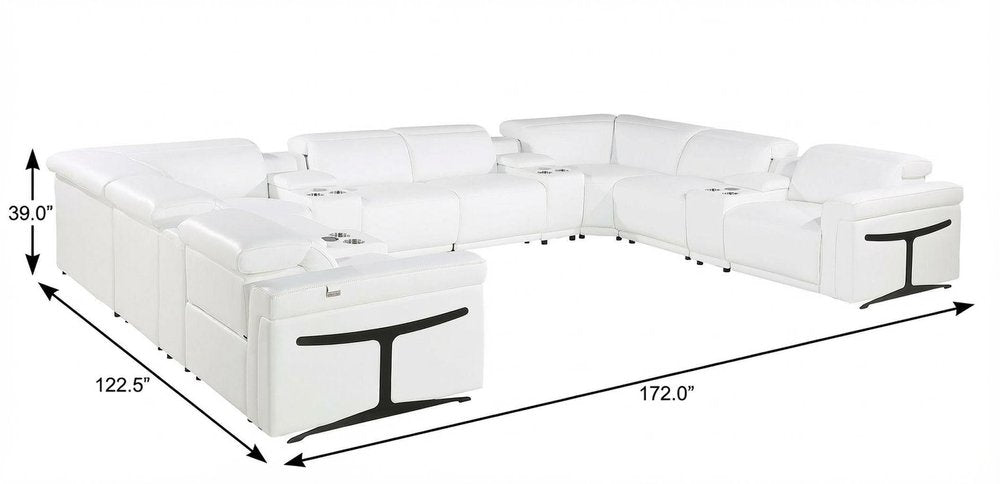 White Italian Leather Power Reclining U Shaped Twelve Piece Sectional With Console