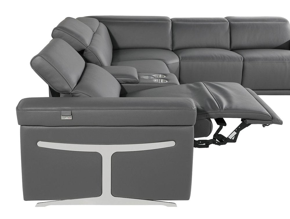 Dark Gray Italian Leather Power Reclining U Shaped Twelve Piece Sectional With Console