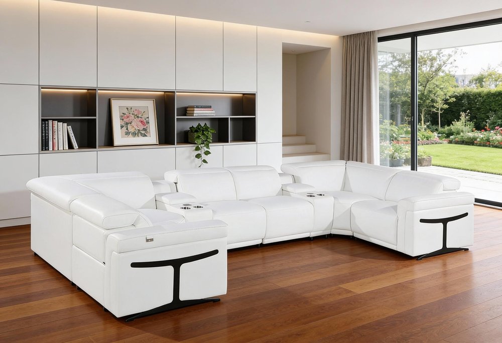 White Italian Leather Power Reclining U Shaped Eight Piece Sectional With Console