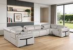 Light Gray Italian Leather Power Reclining U Shaped Eight Piece Corner Sectional With Console