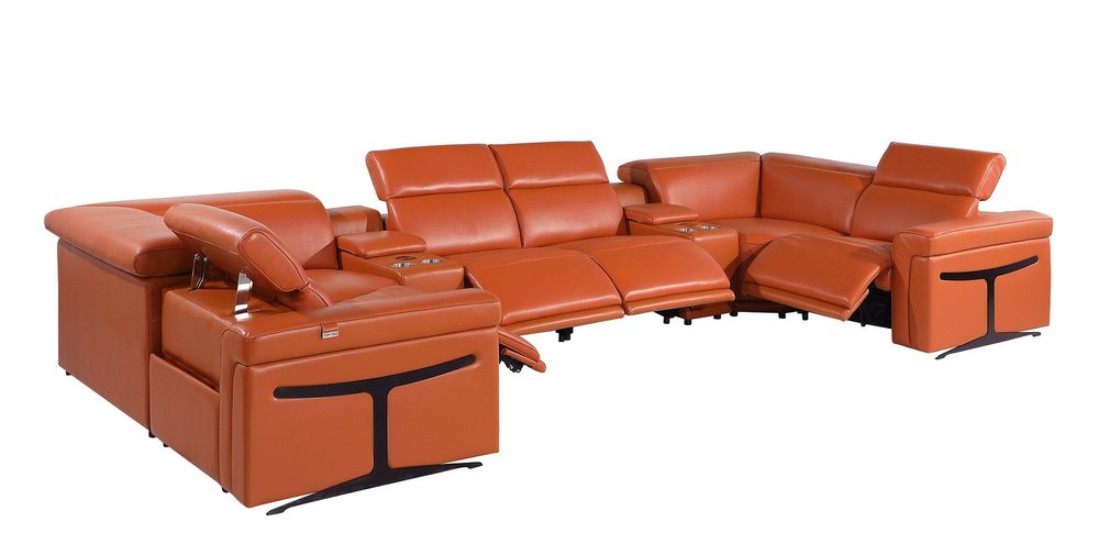 Dark Gray Italian Leather Power Reclining U Shaped Eight Piece Sectional With Console