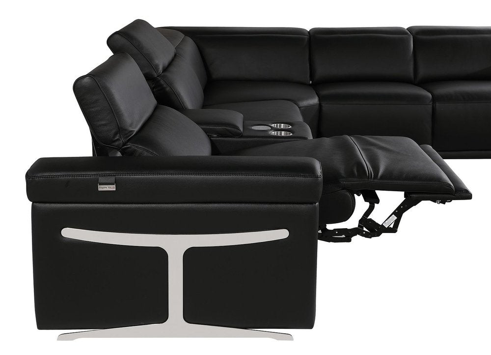 Black Italian Leather Power Reclining U Shaped Eight Piece Sectional With Console