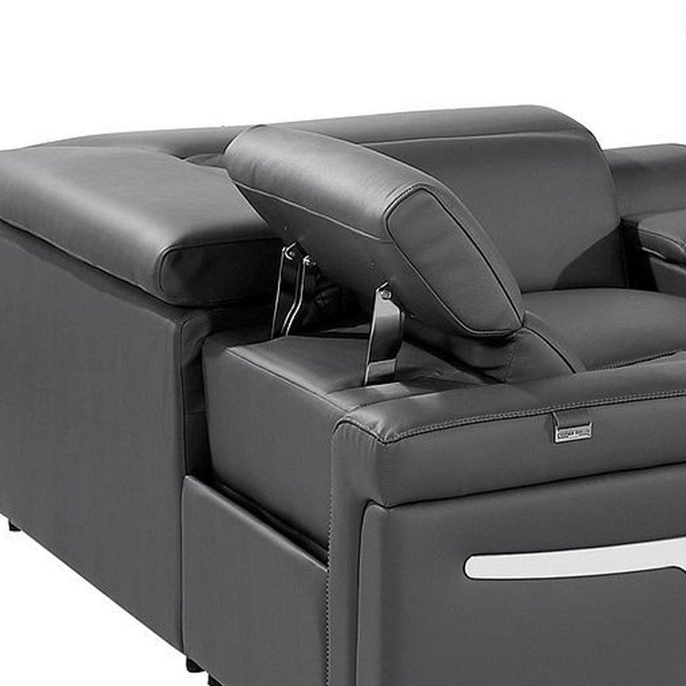 Dark Gray Italian Leather Power Reclining U Shaped Eight Piece Corner Sectional With Console