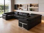 Black Italian Leather Power Reclining U Shaped Eight Piece Corner Sectional With Console