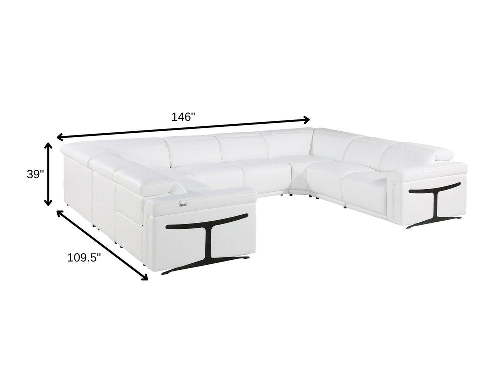 White Italian Leather Power Reclining U Shaped Eight Piece Corner Sectional With Console