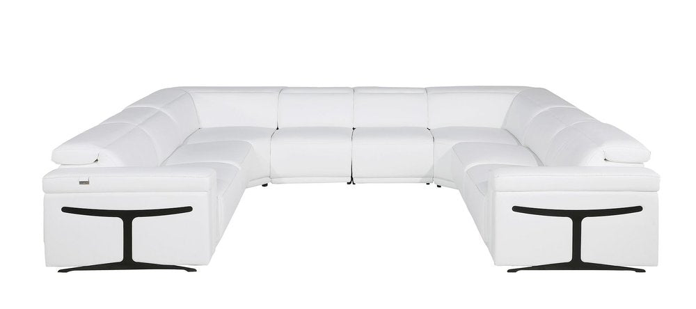 White Italian Leather Power Reclining U Shaped Eight Piece Corner Sectional With Console