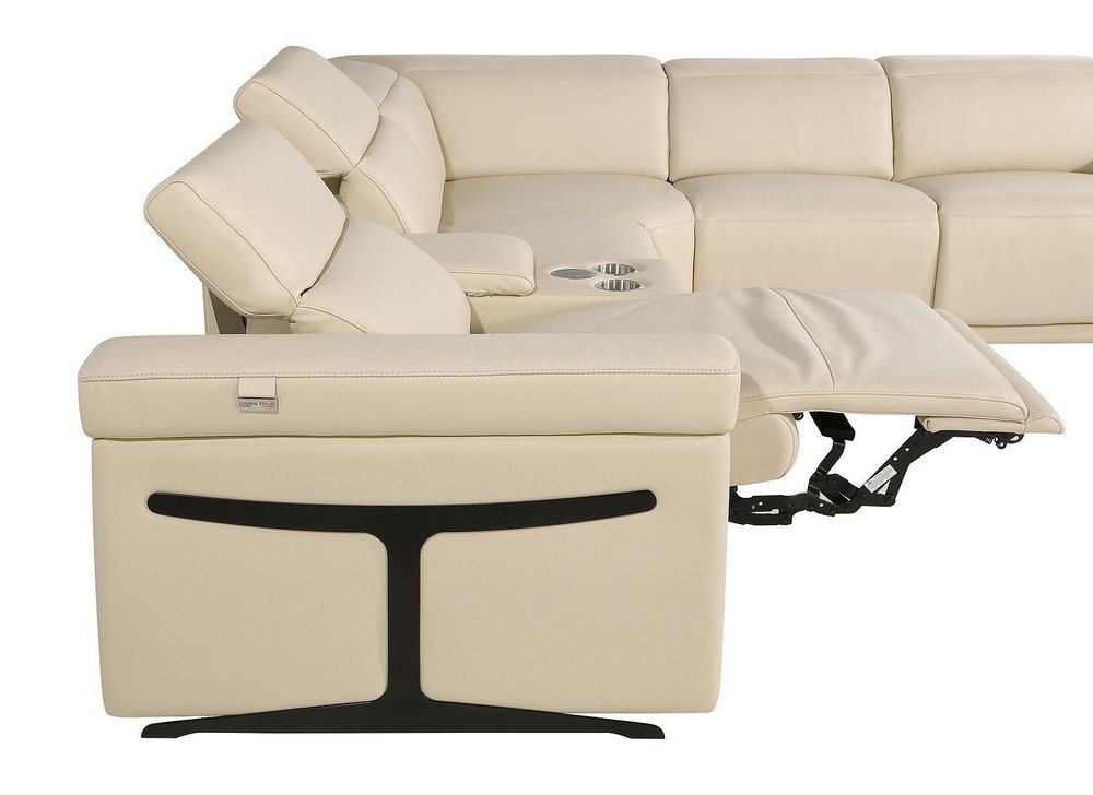 Beige Italian Leather Power Reclining U Shaped Eight Piece Corner Sectional With Console