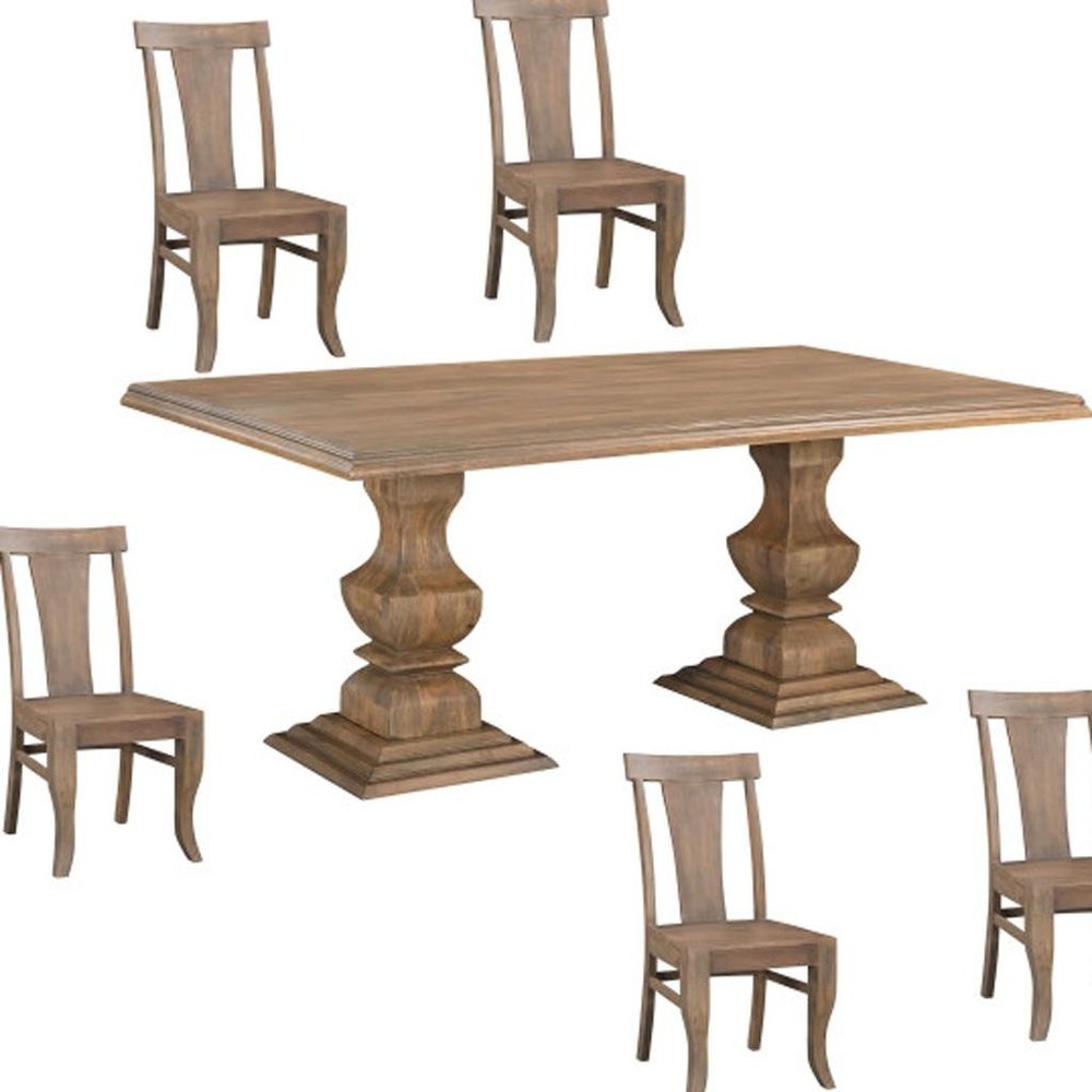 Seven Piece Brown Solid Wood Dining Set with Six Chairs