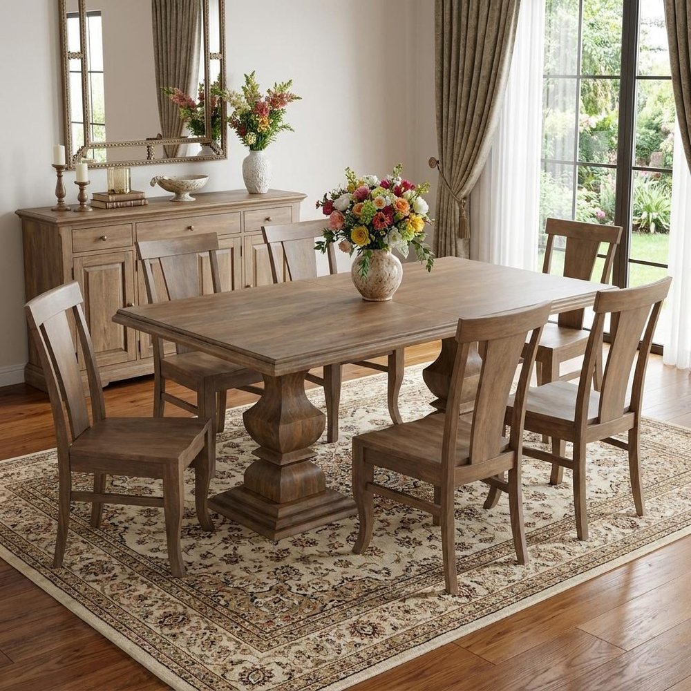 Seven Piece Brown Solid Wood Dining Set with Six Chairs