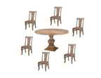 Seven Piece Brown Round Solid Wood Dining Set with Six Chairs