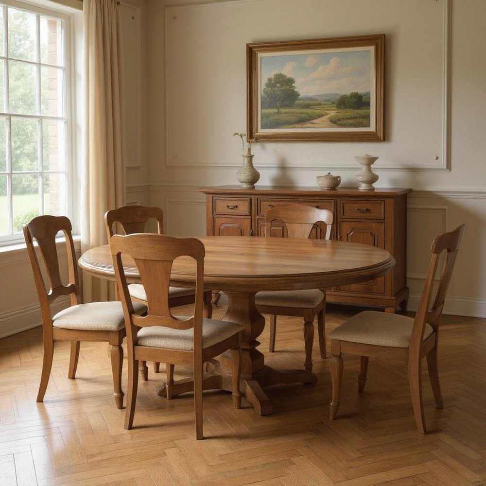 Seven Piece Brown Round Solid Wood Dining Set with Six Chairs