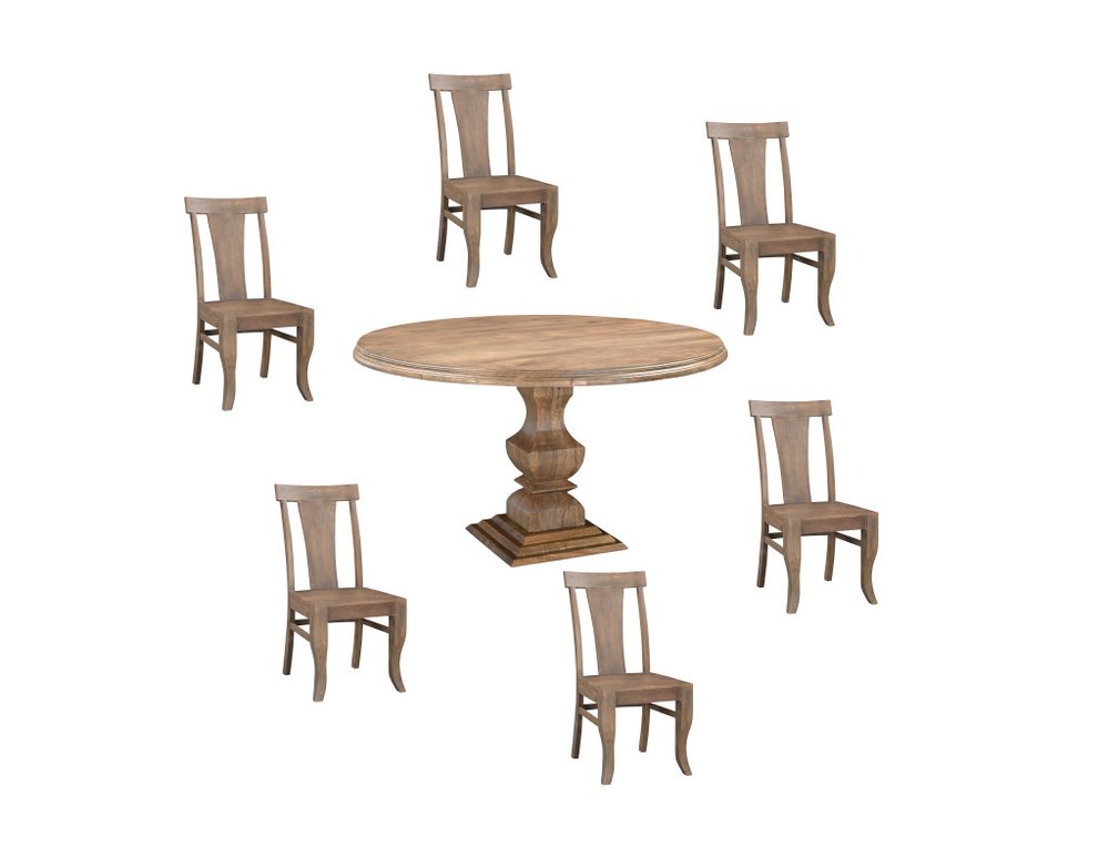 Seven Piece Brown Round Solid Wood Dining Set with Six Chairs