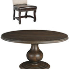 Five Piece Brown Round Solid Wood Dining Set with Four Chairs