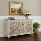 72" White Solid Wood Carved Floral Sideboard With Three Doors