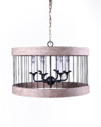 Black And Natural Wood and Metal Cylinder Six Light Dimmable Chandelier