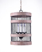 Black And Natural Wood and Metal Cylinder Three Light Dimmable Chandelier
