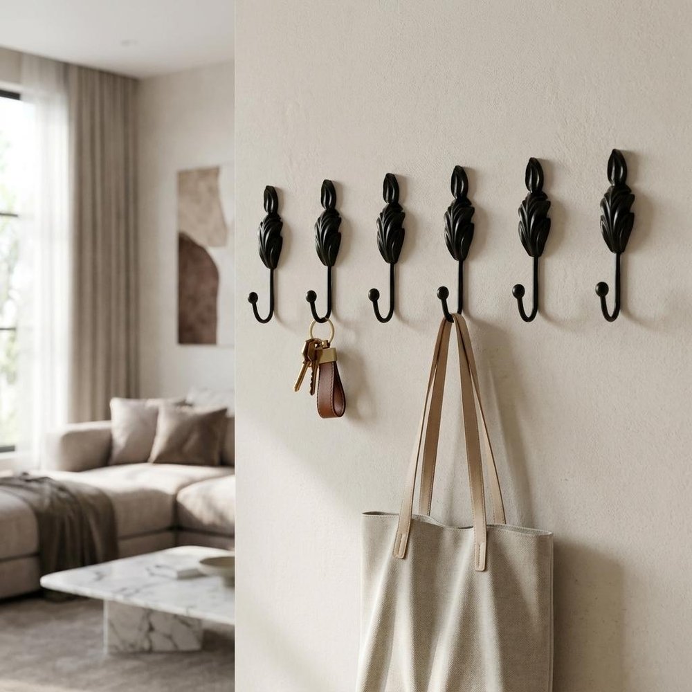 Set of Six Black Steel Feather Wall Hooks