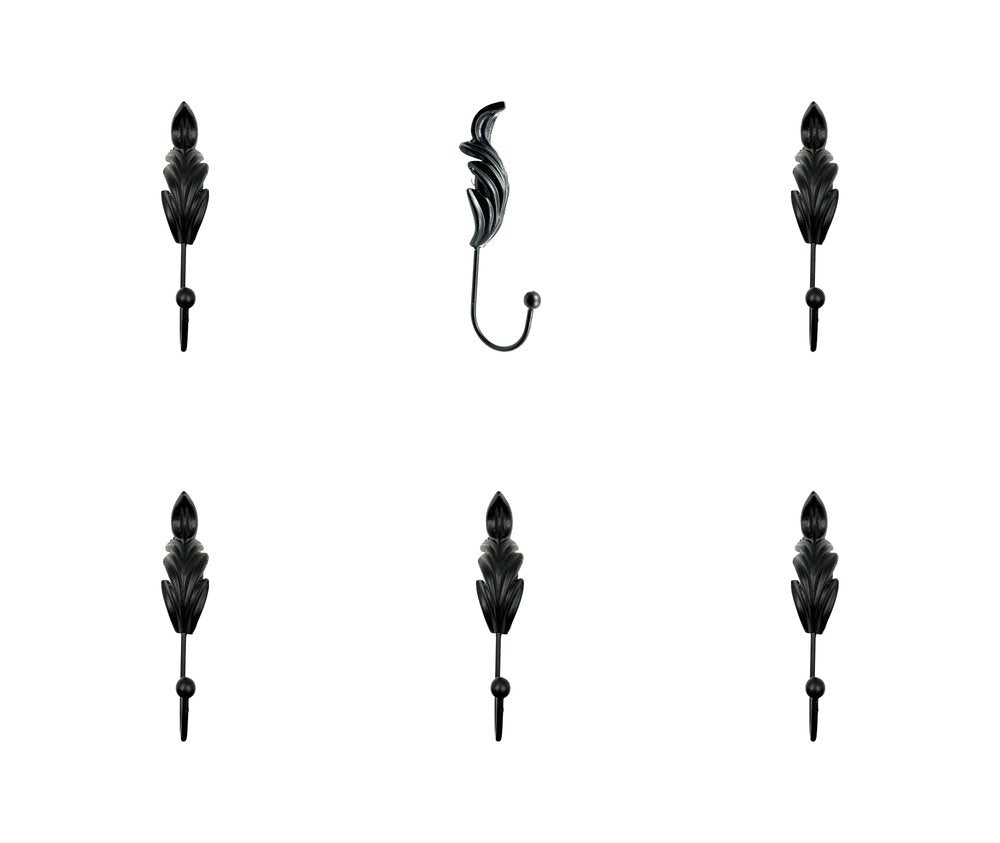 Set of Six Black Steel Feather Wall Hooks