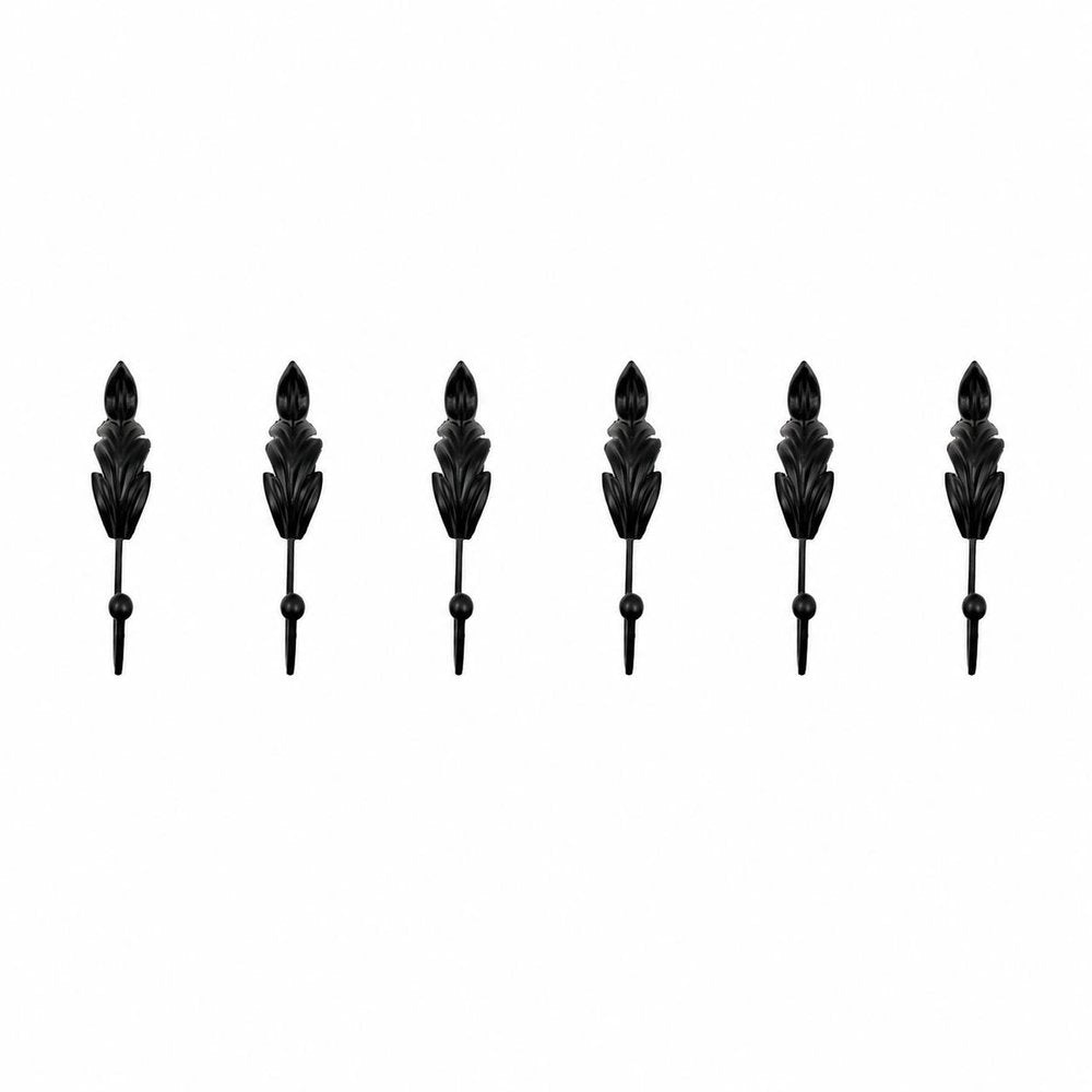 Set of Six Black Steel Feather Wall Hooks