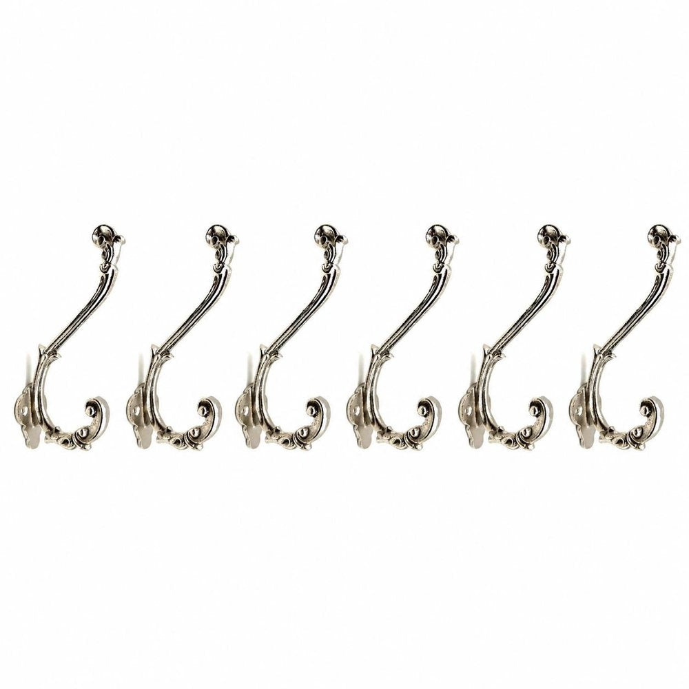 Set of Six Silver Cast Iron Baroque Scroll Wall Hooks
