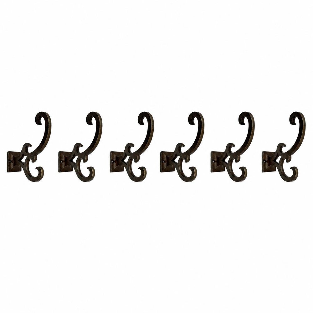 Set of Six Antiqued Bronze Cast Iron Scroll Wall Hooks