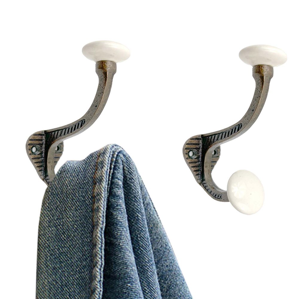 Set of Six Bronze And White Cast Iron And Ceramic Double Wall Hooks