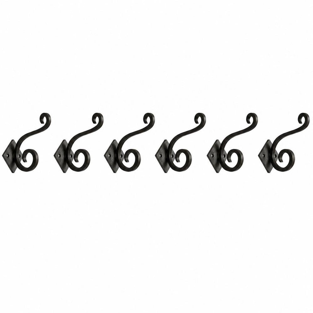 Set of Six Black Cast Iron Scroll Wall Hooks