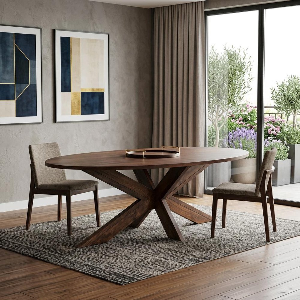 92" Brown Solid Wood Cross Leg Base Oval Dining Table